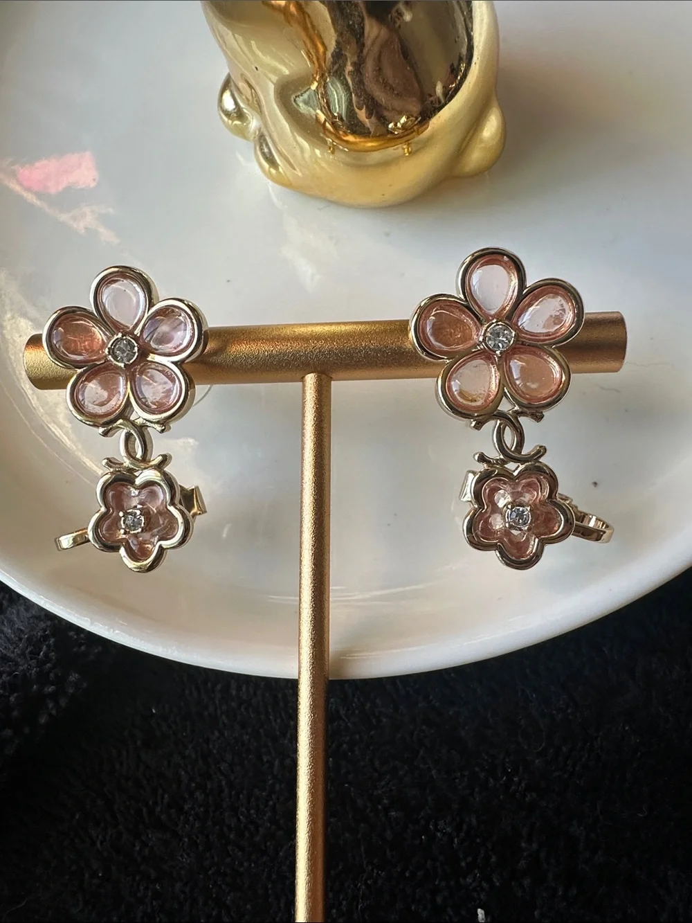 Like New- CHANEL Pink Floral Drop Earrings with Crystal Centers